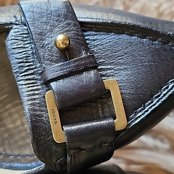 GUCCI black leather slip-on loafer brass buckle pointed 35 1/2 C excellent shoes - Picture 15 of 16